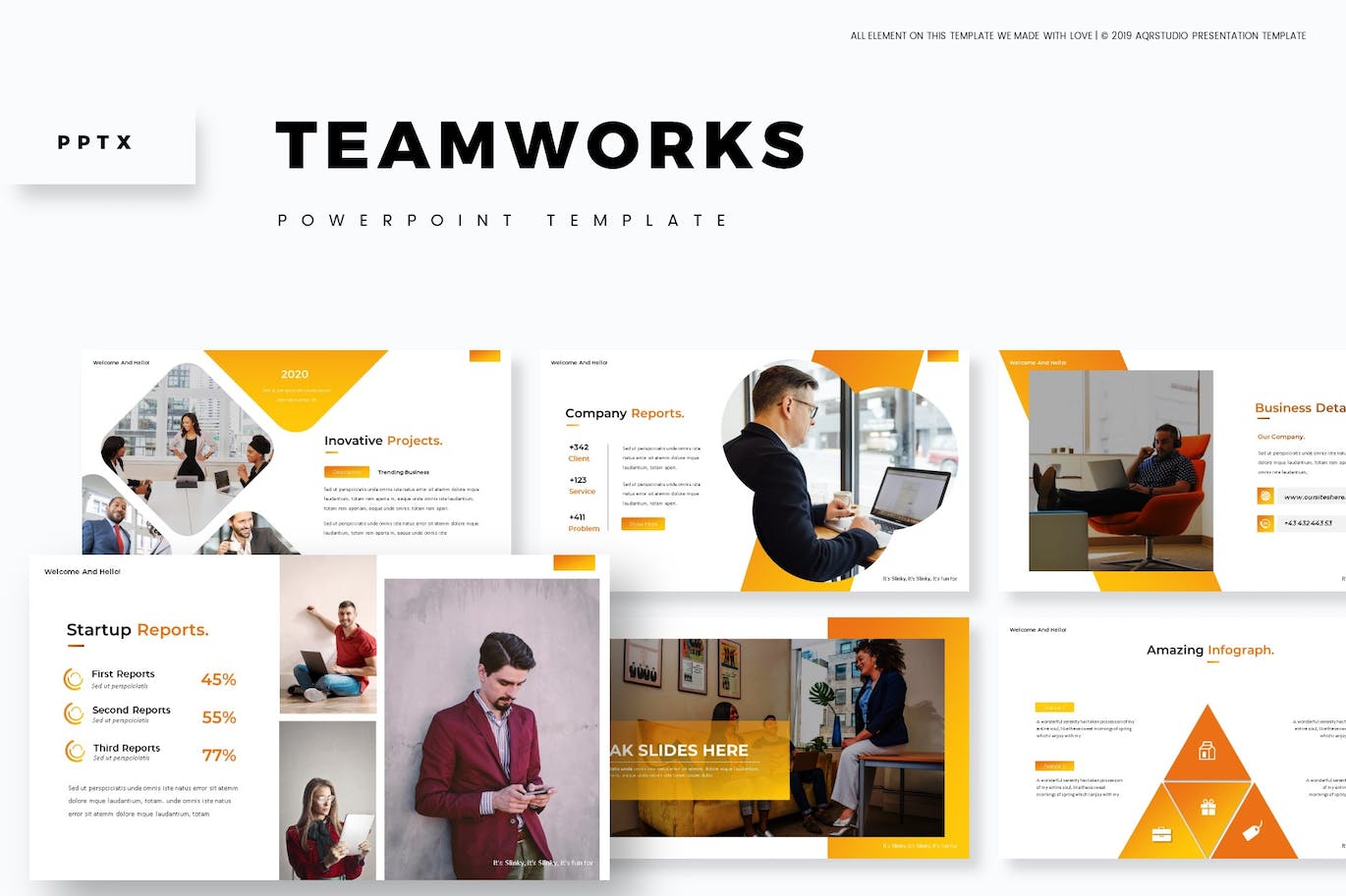 Bundle of images of unique slides of a presentation template on the theme of teamwork.