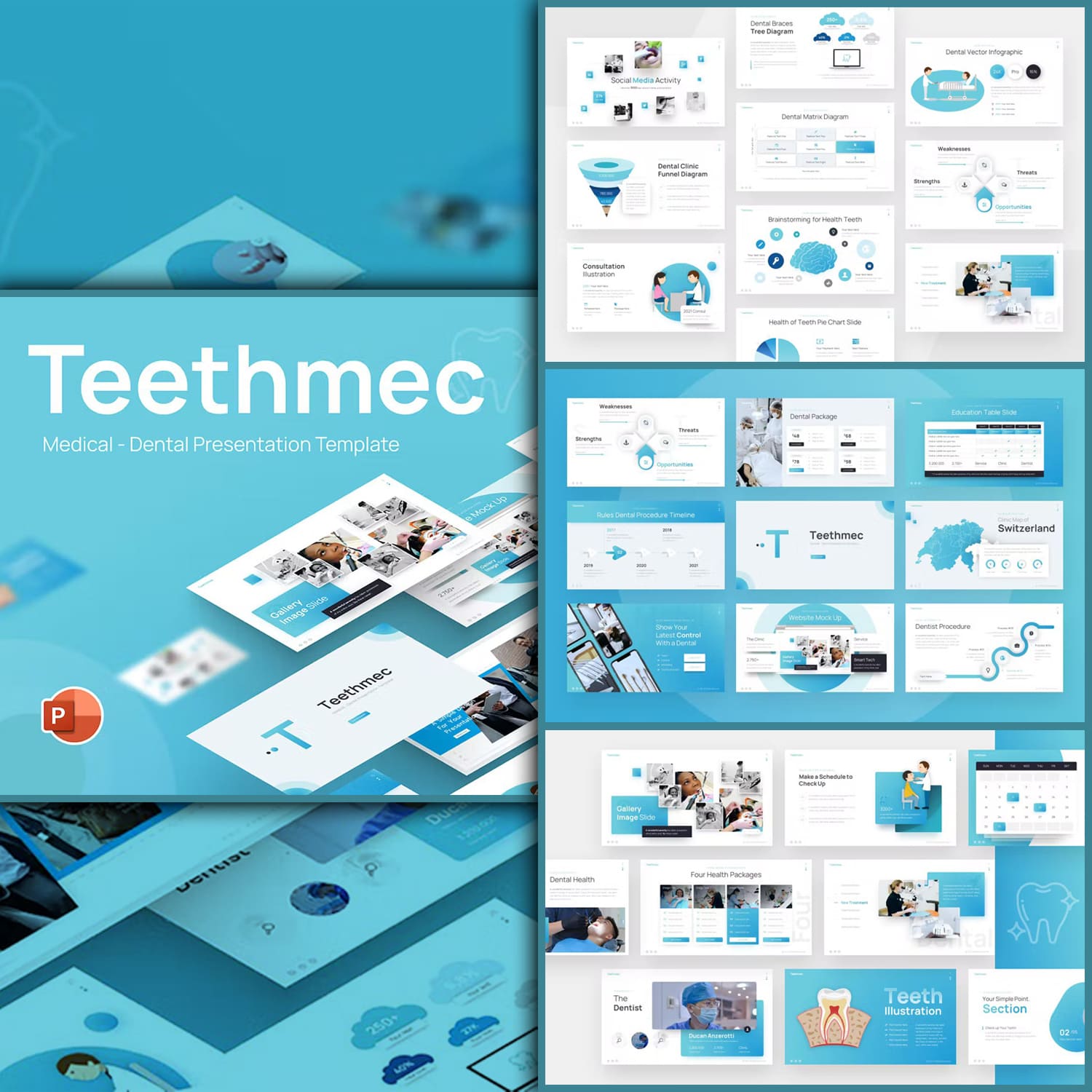 A set of images of gorgeous presentation template slides on the topic of dentistry.