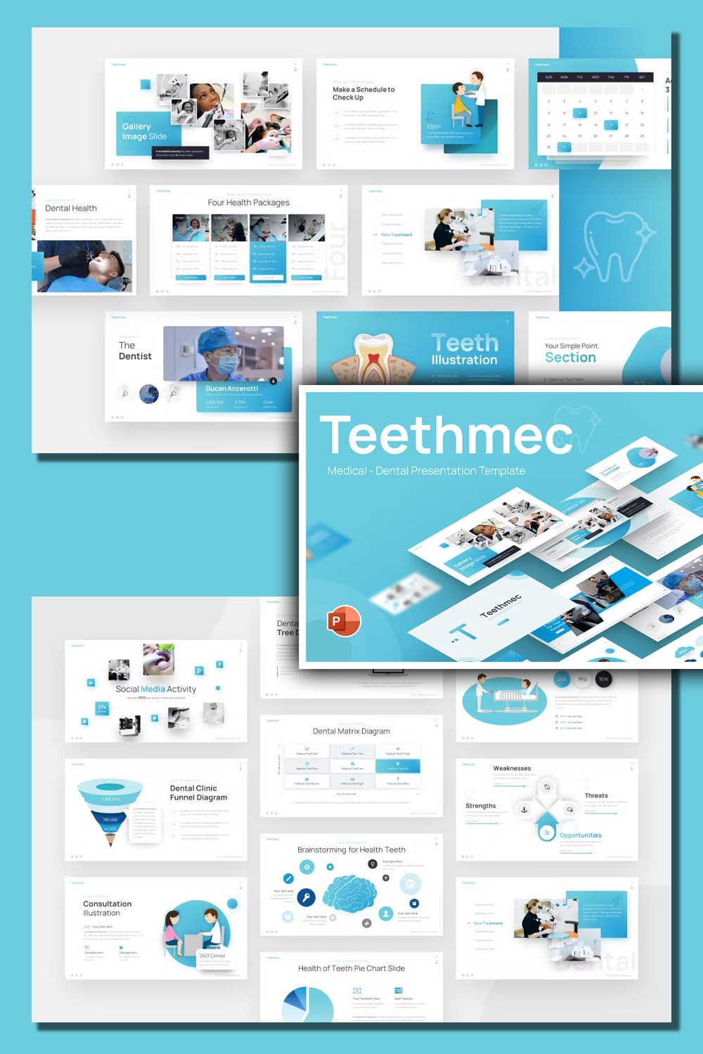 Collection of images of adorable presentation template slides on dentistry theme.