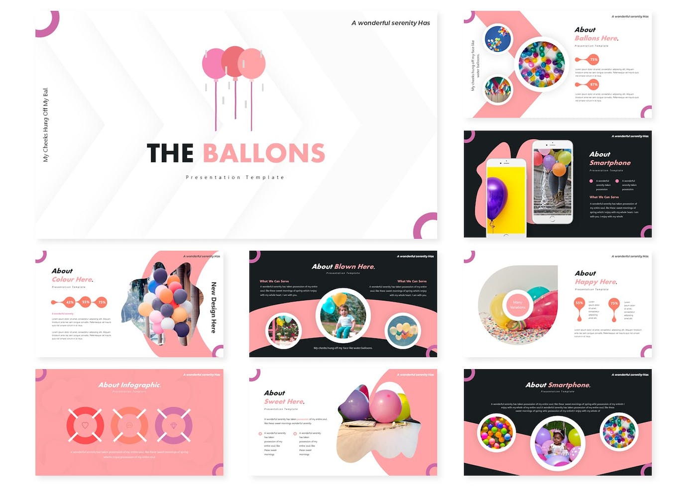 Set of images of enchanting balloons presentation template slides.