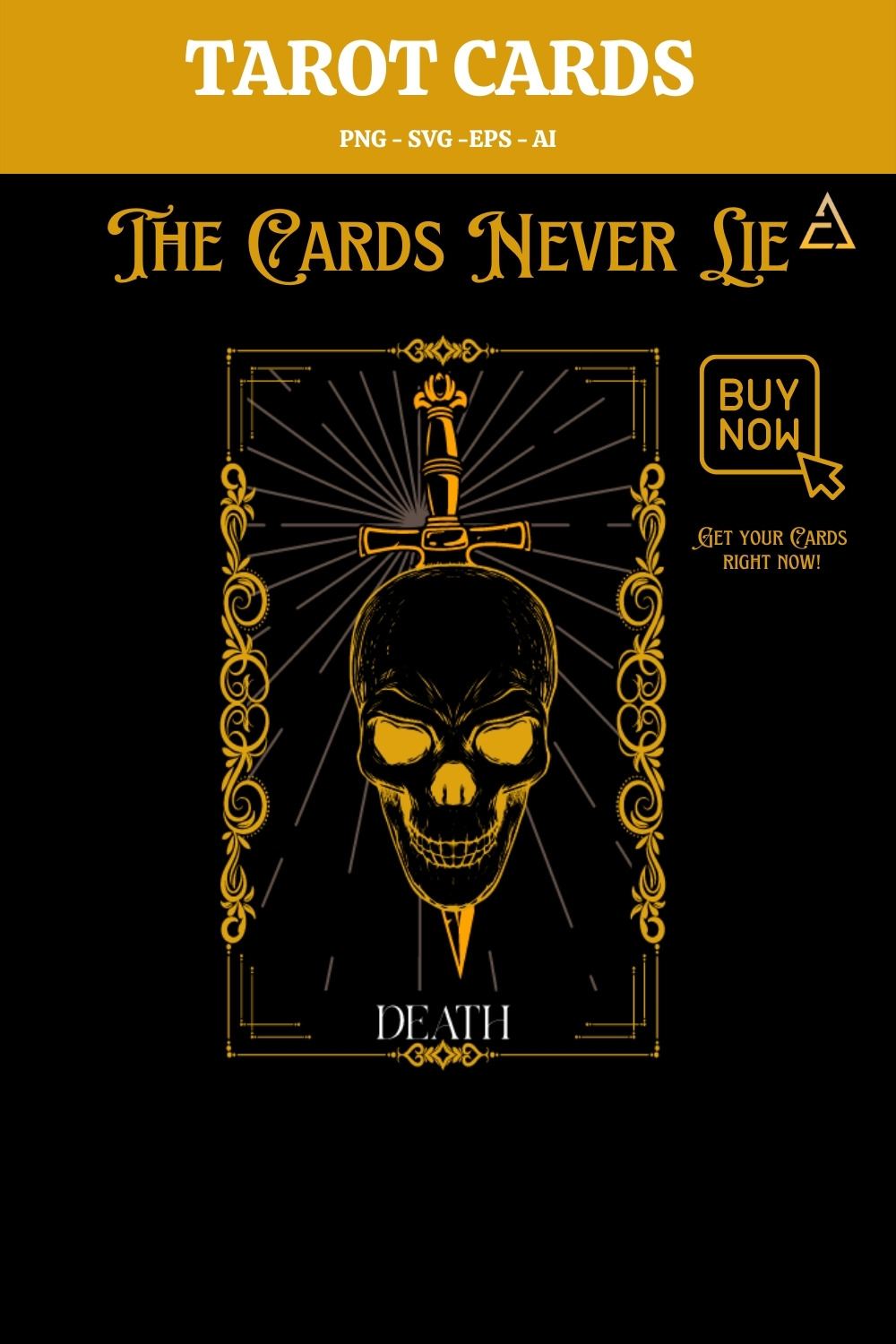 5 Gold & Black Tarot Cards Editable Vector pinterest image.