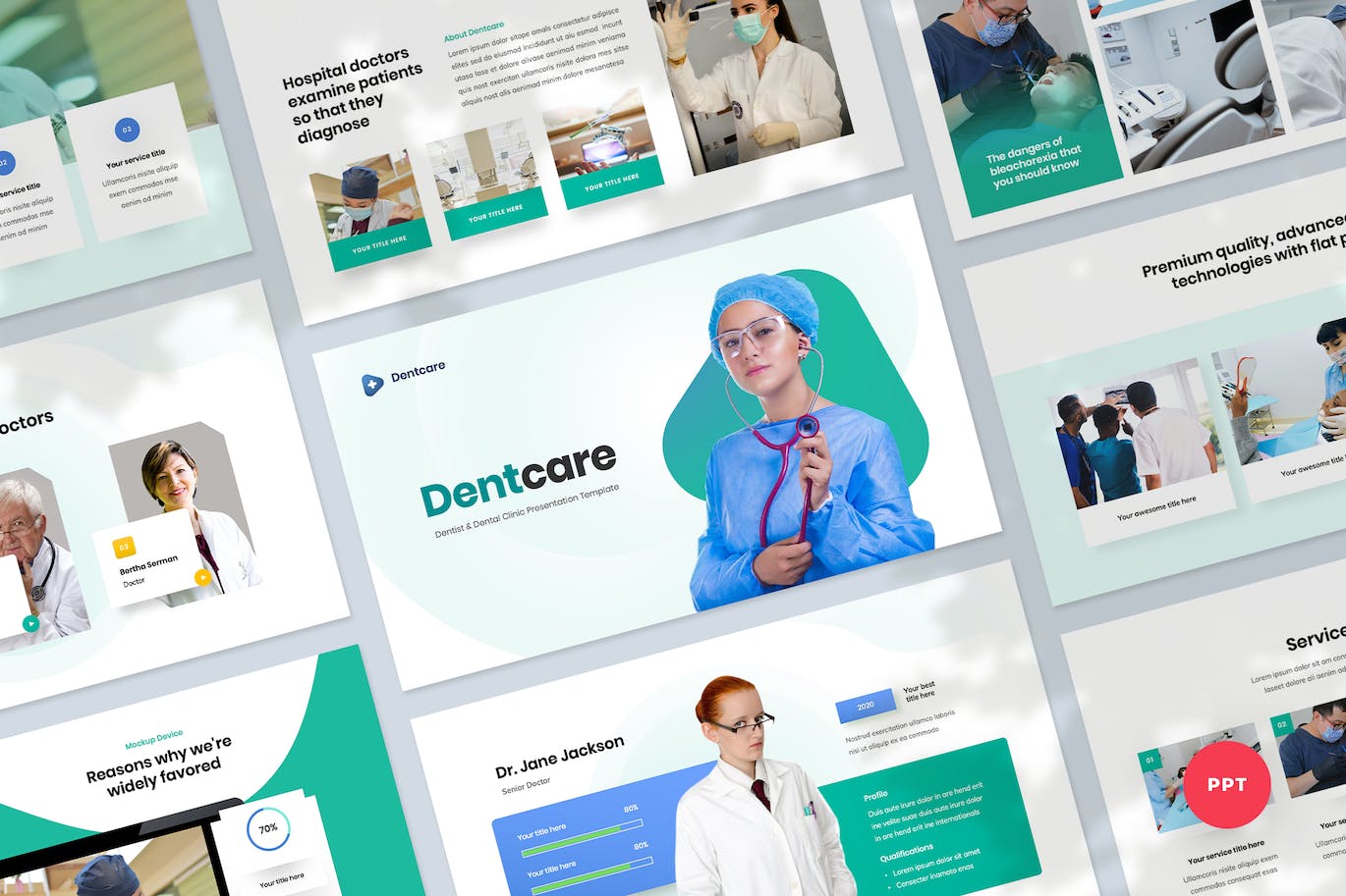 A selection of images of colorful presentation template slides on the topic of dentistry.