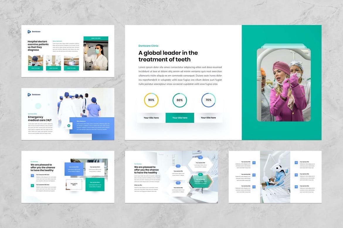 A collection of images of amazing presentation template slides on the theme of dentists.