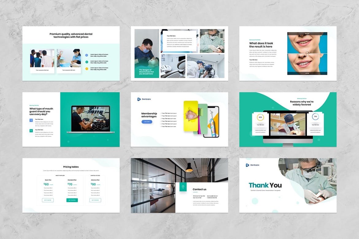 Bundle of images of adorable presentation template slides on the theme of dentistry.