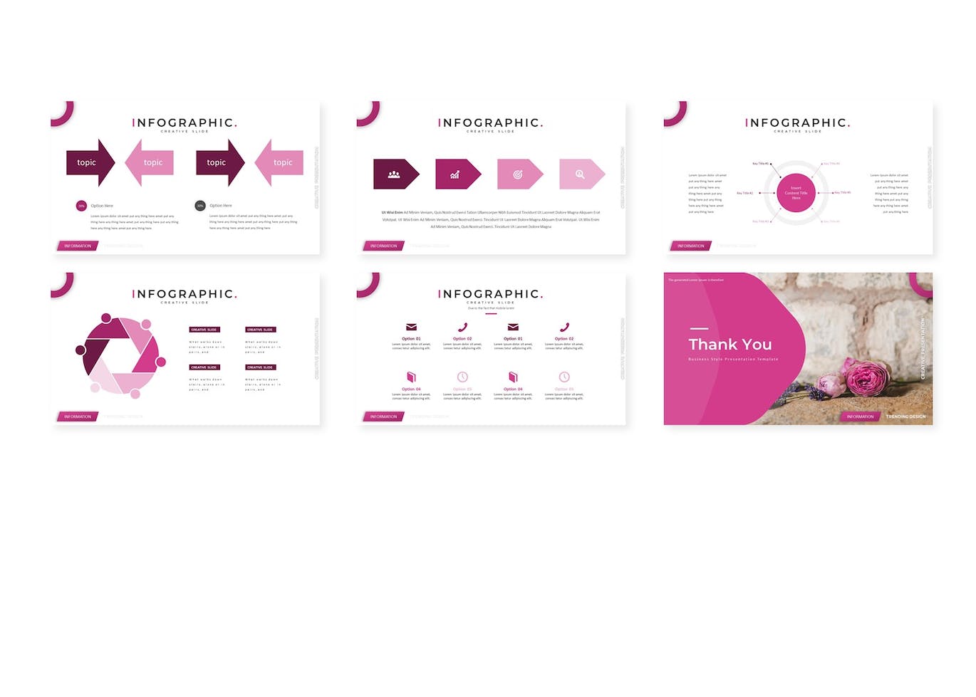 Compilation of images of irresistible presentation template slides in pink and white colors.