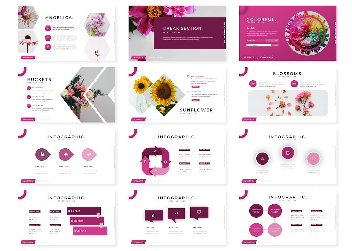 A selection of images of beautiful presentation template slides in pink and white colors.