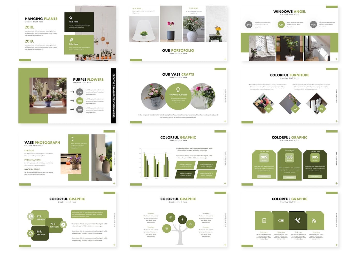 Bundle of images of unique presentation template slides in green colors.