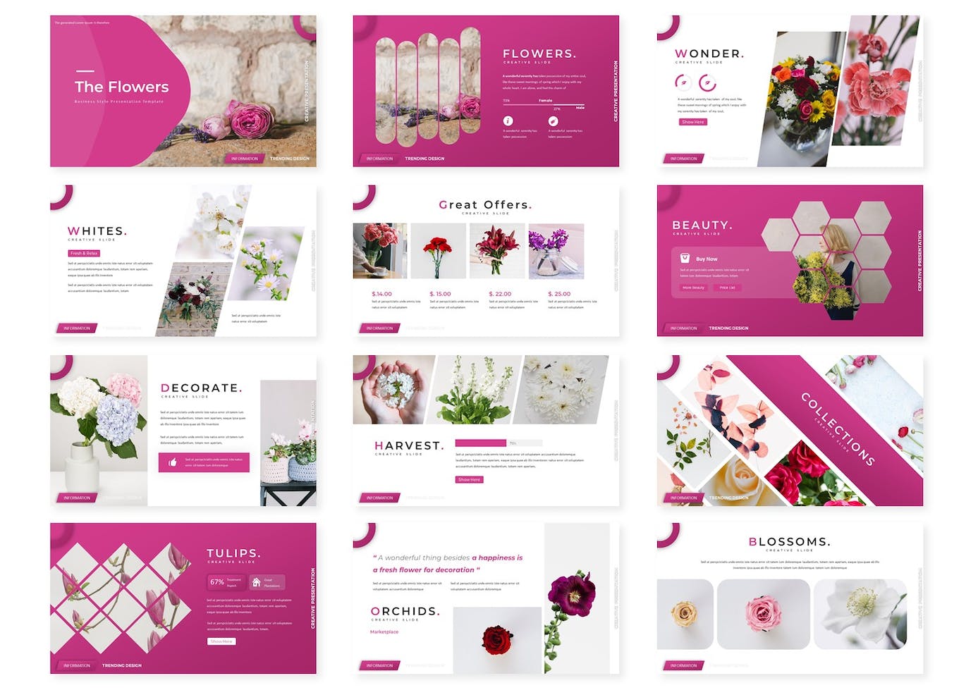Collection of images of adorable presentation template slides in pink and white colors.