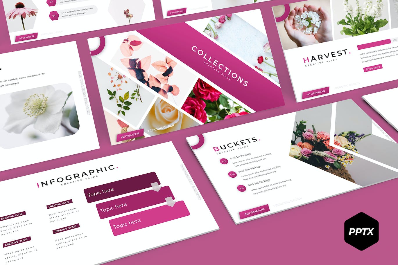 Set of images of wonderful presentation template slides in pink and white colors.