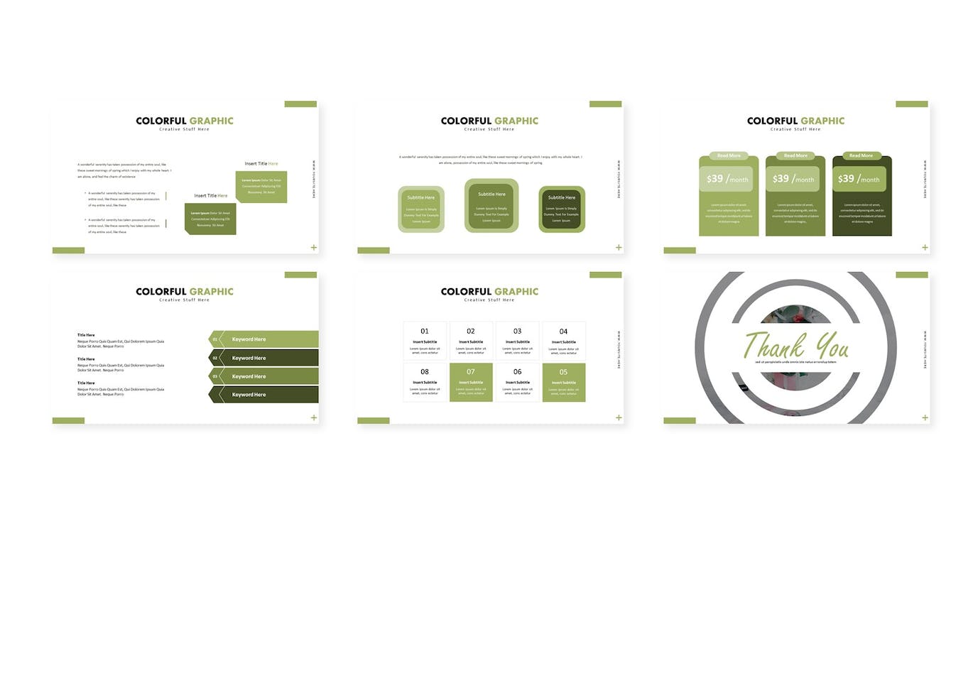 Set of images of gorgeous presentation template slides in green colors.