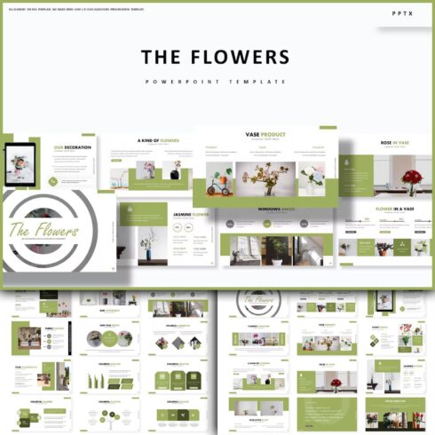 A selection of images of elegant presentation template slides in green colors.
