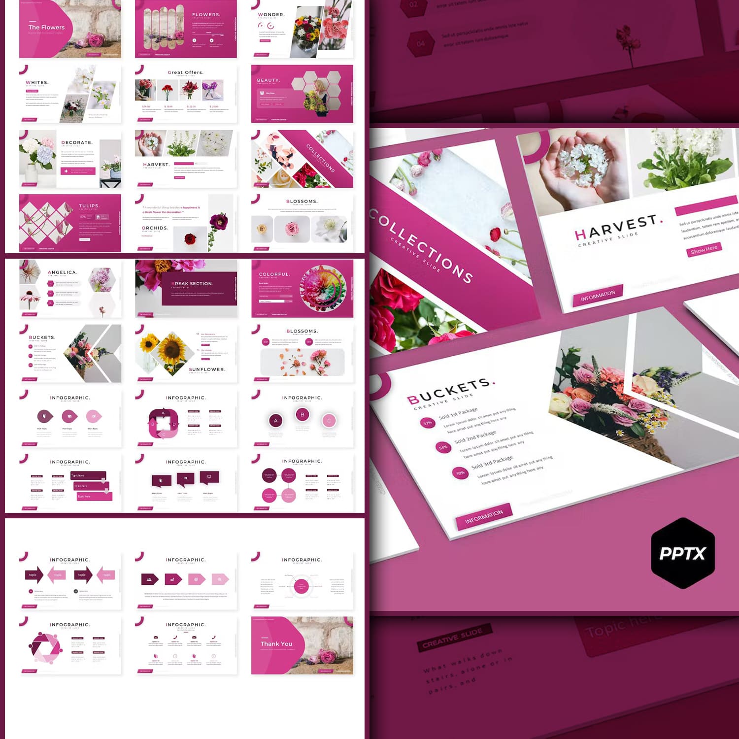 A selection of images of beautiful presentation template slides in pink and white colors.