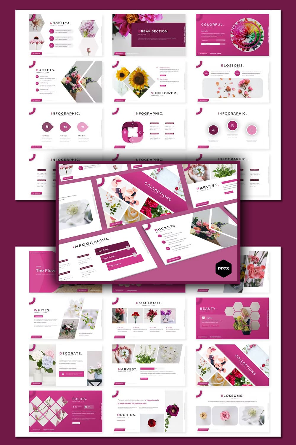 Pack of images of colorful presentation template slides in pink and white colors.