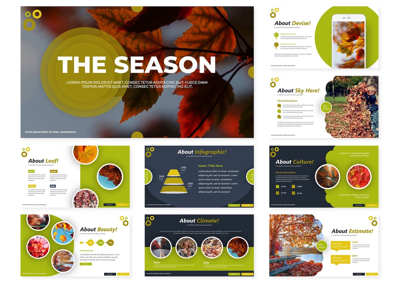 A selection of images of unique presentation template slides on the theme of autumn.