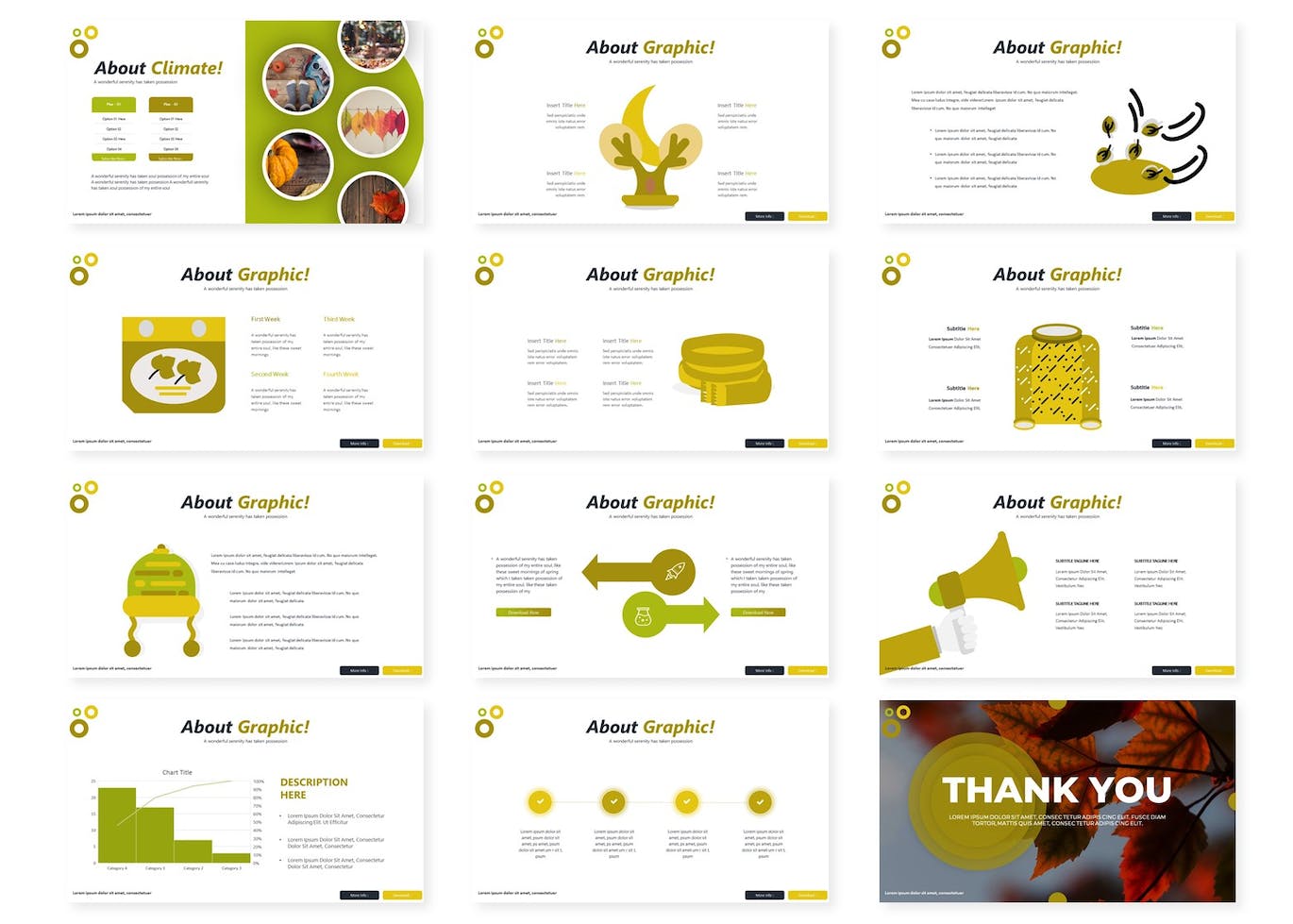 Bundle of images of colorful presentation template slides on autumn theme.