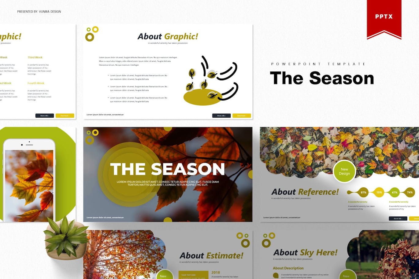 Bundle of images of colorful presentation template slides on autumn theme.