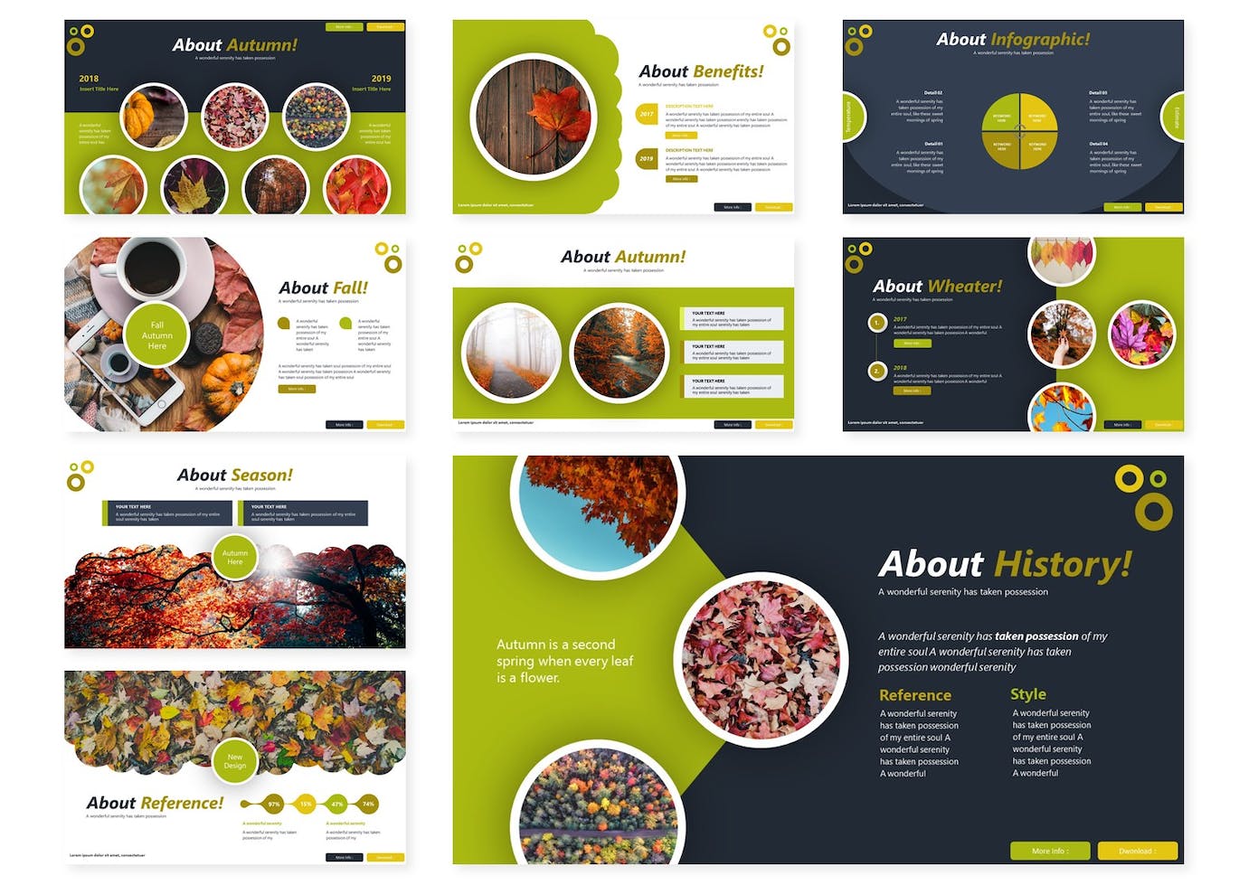 Set of images of exquisite presentation template slides on autumn theme.