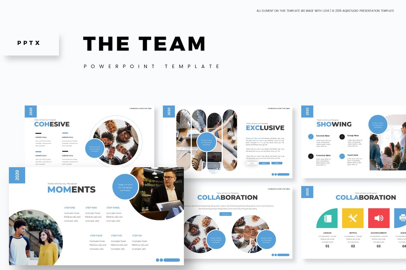 A selection of images of colorful presentation template slides on the theme of teamwork.