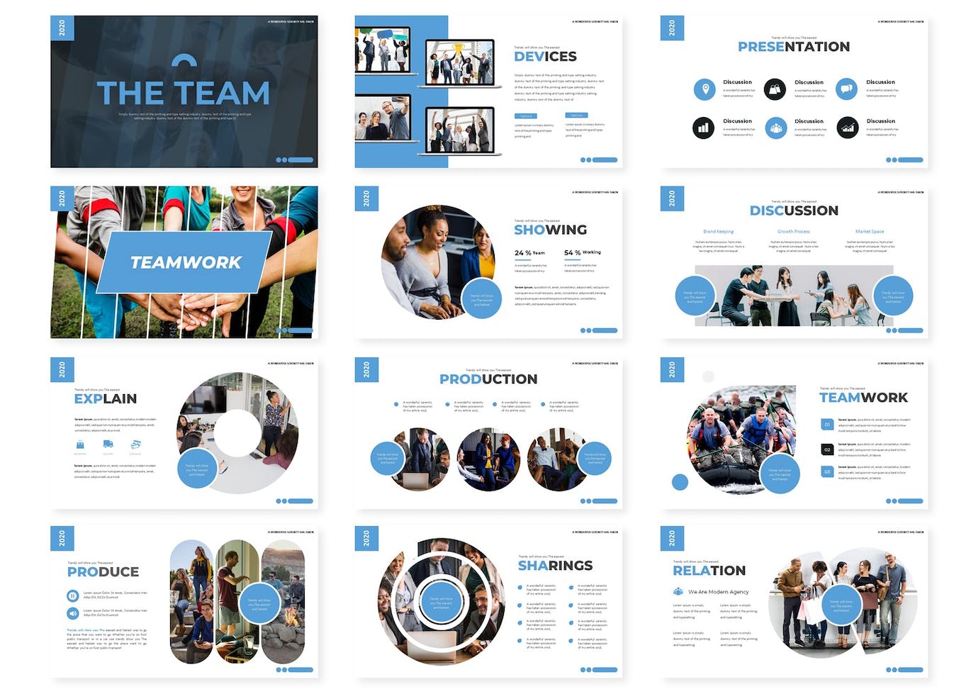 A set of images of informative slides of a presentation template on the topic of teamwork.