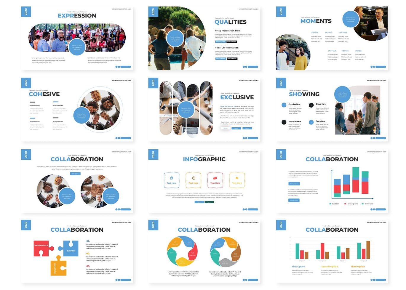 Pack of images of elegant slide presentation template on the theme of teamwork.