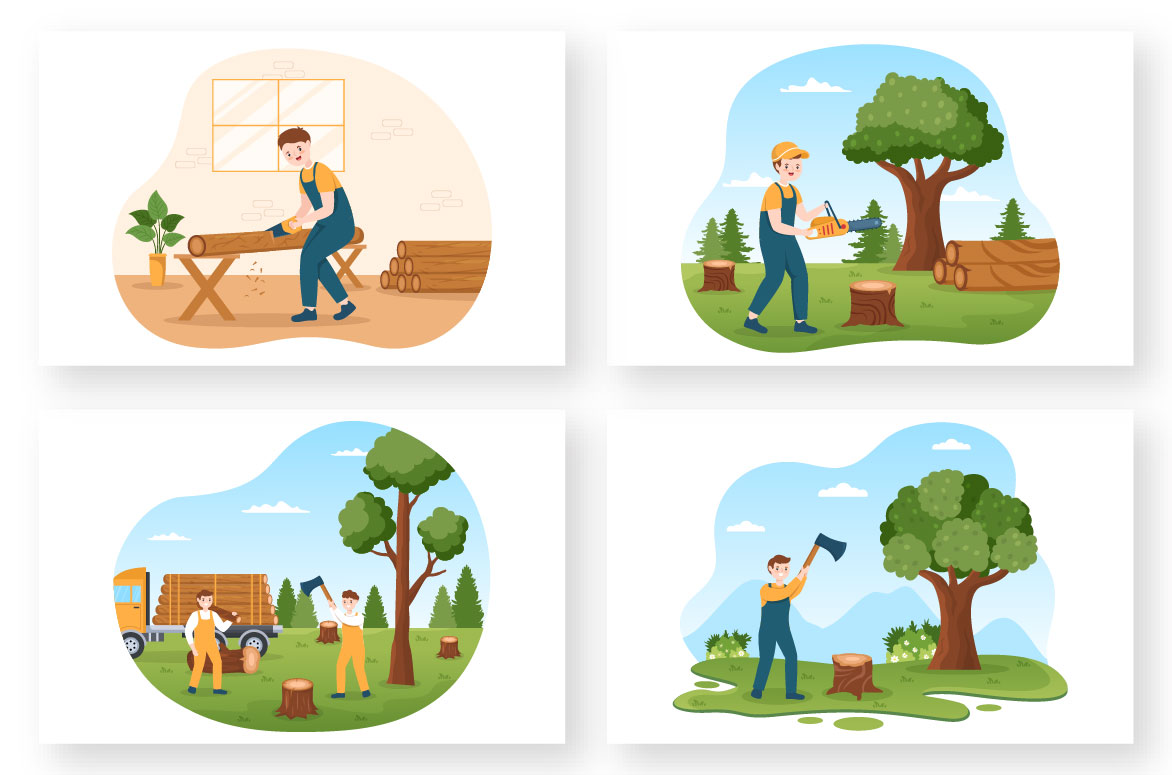 Tree Cutting and Timber Cartoon Illustration preview image.