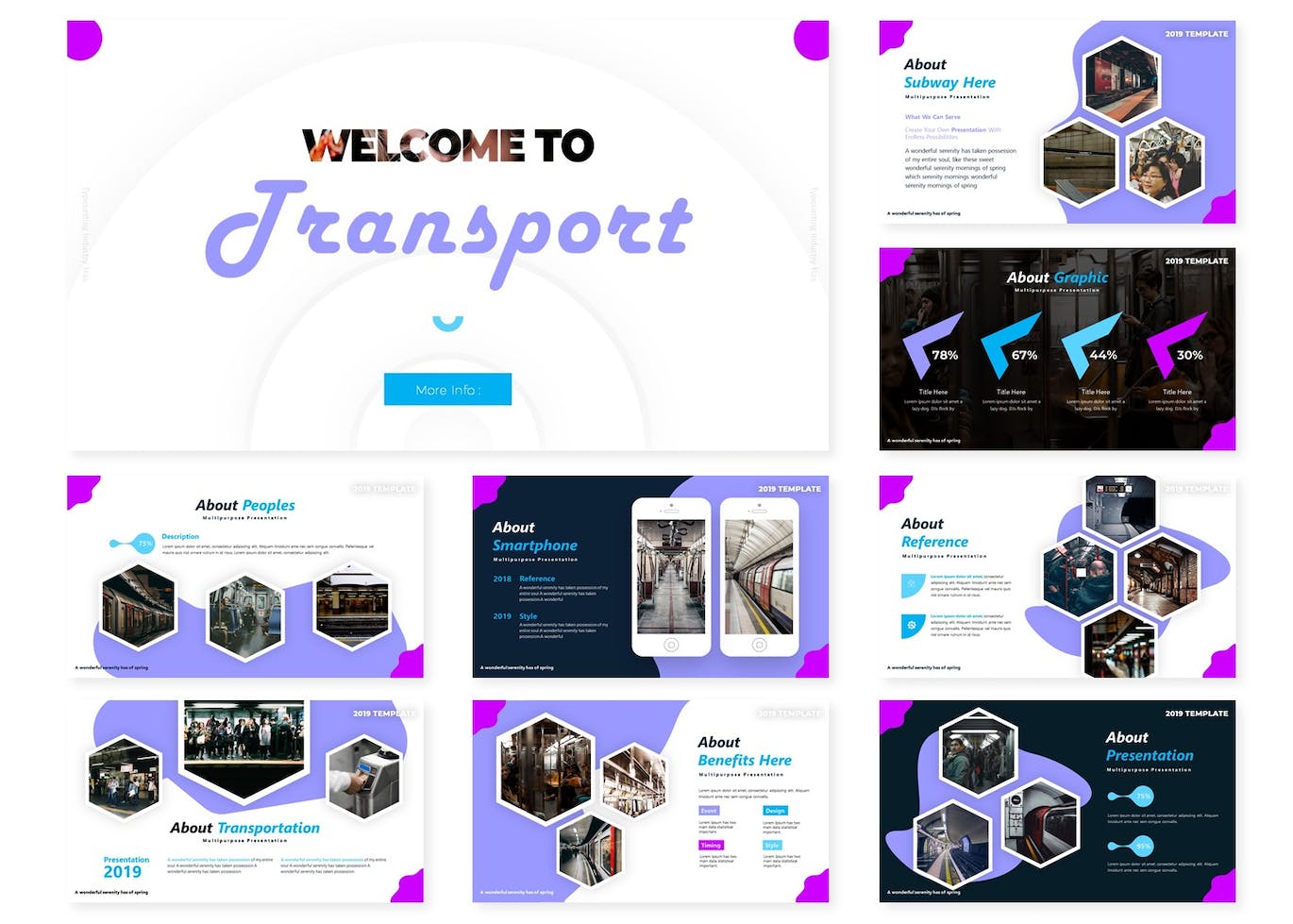 Bundle of images of gorgeous slides presentation template on the theme of transport.