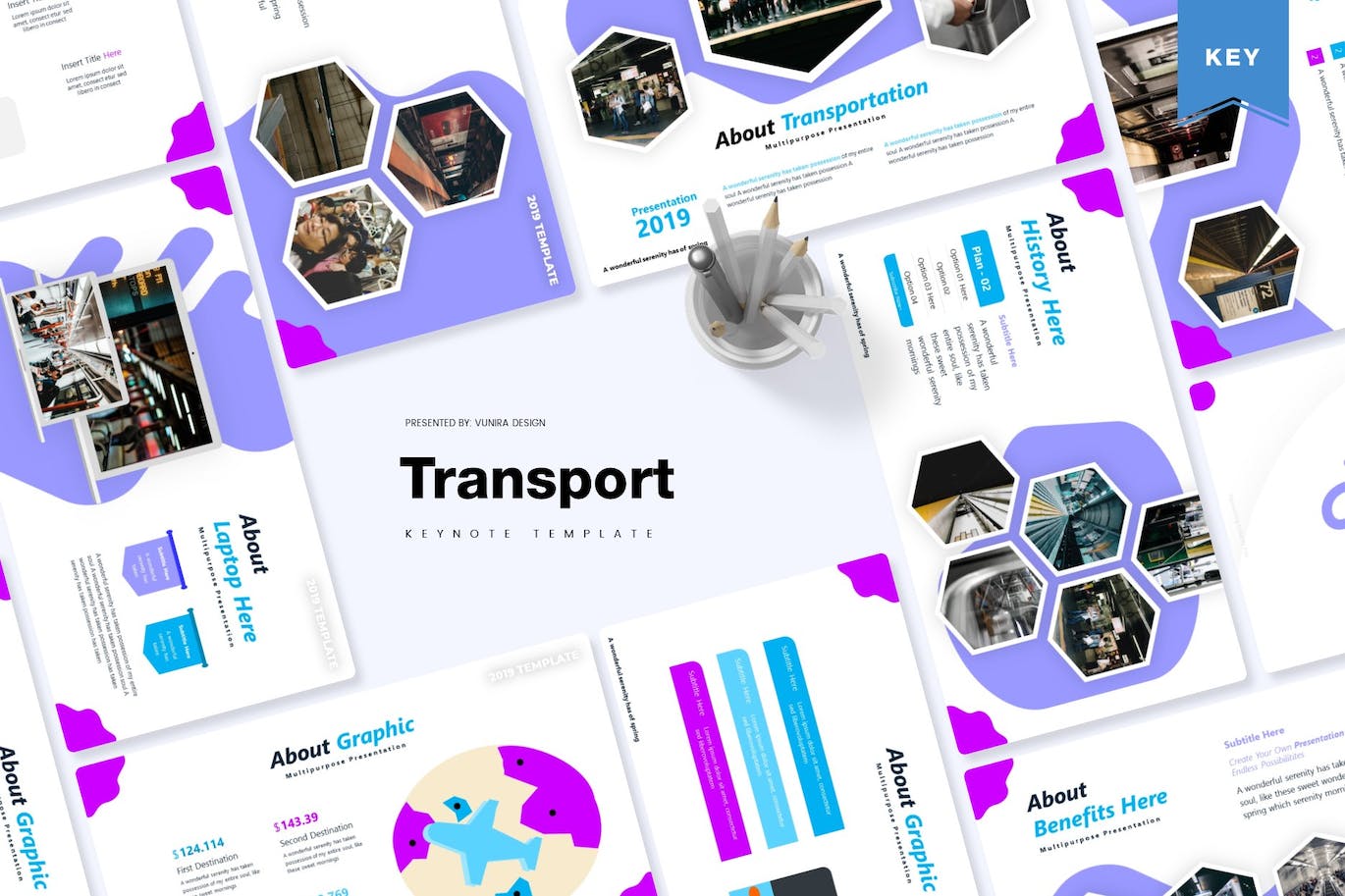 Pack of images of beautiful slide presentation template on the theme of transport.