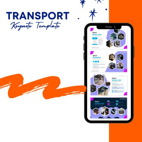 Image of amazing presentation template slides on the theme of transport on a mobile phone.