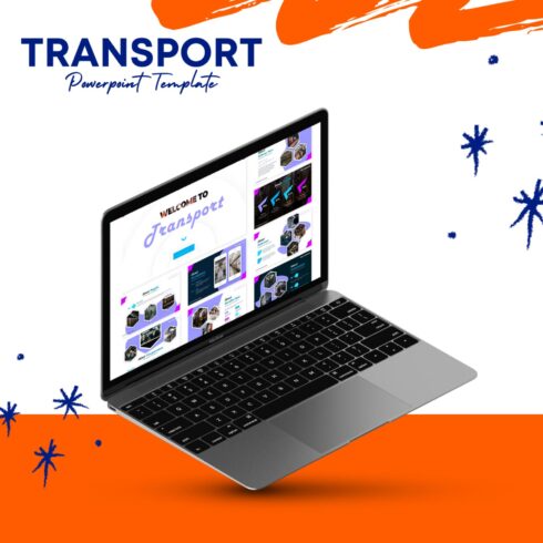 Image of amazing presentation template slides on the theme of transport on a laptop.