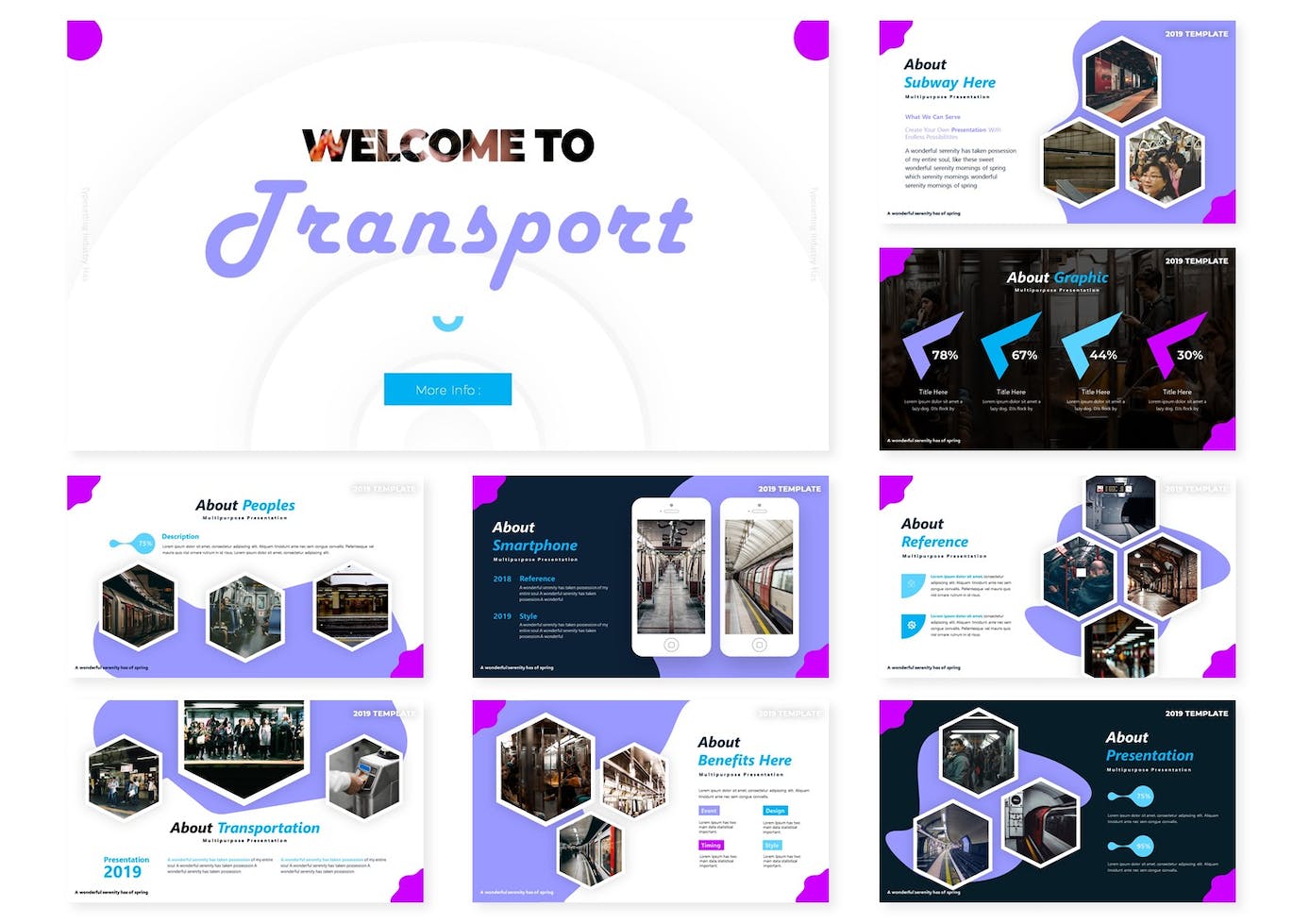 Pack of images of beautiful slide presentation template on the theme of transport.