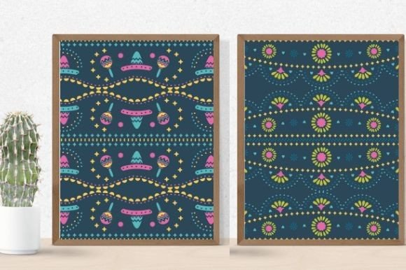 Two images of colorful tribal patterns in dark green.
