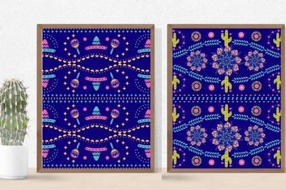 Two images of colorful tribal patterns in blue.