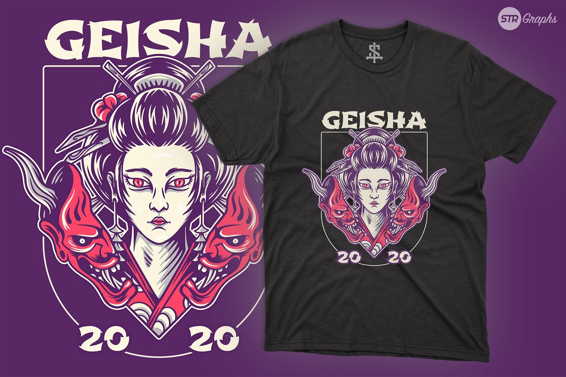 An illustration of a geisha and devil, and black t-shirt with the same illustration on a purpe background.