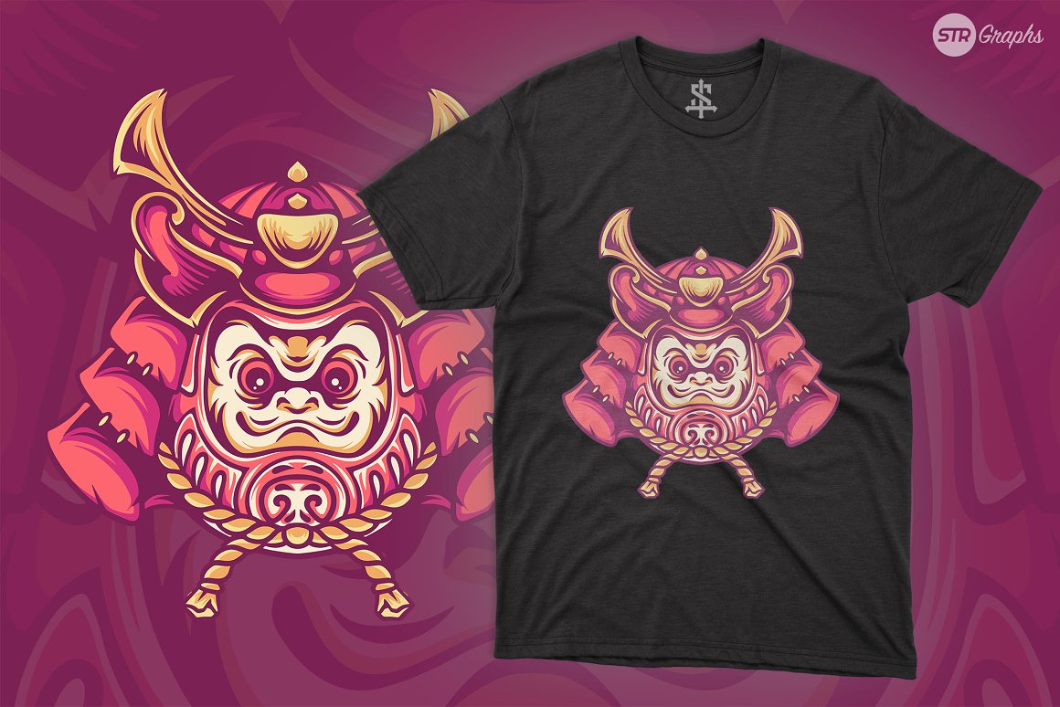 An illustration of a daruma samurai and black t-shirt with the same illustration on a dark pink background.