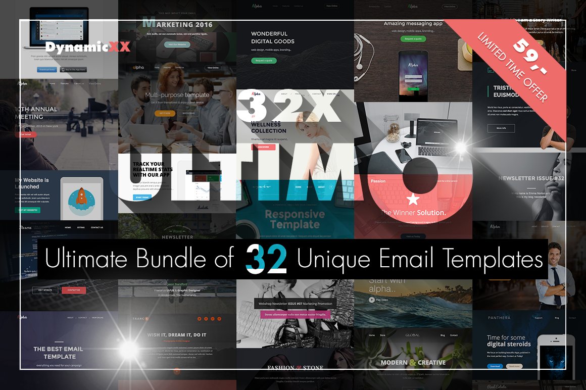 A set of 32 different unique email templates and the white lettering "Ultimo - Bundle Of 32 Unique Email Templates" on a black background.