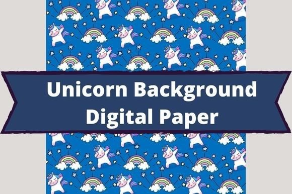 The white lettering "Unicorn Background Digital Paper" on a dark blue background and unicorns on a blue background.