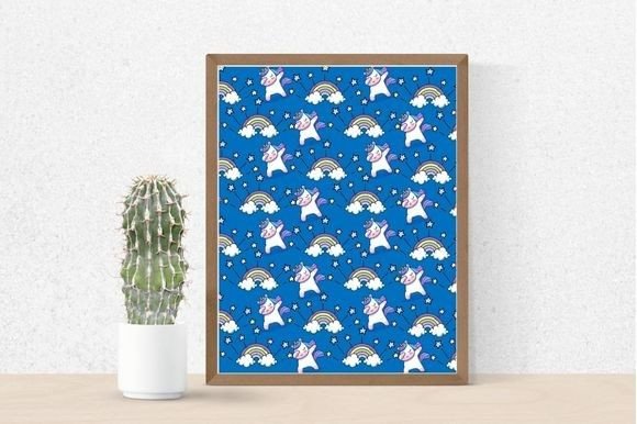 Cactus in a pot and picture in brown frame with unicorns on a blue background.