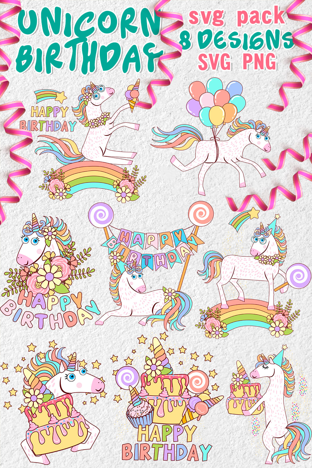 Unicorn Birthday SVG - pinterest image preview.