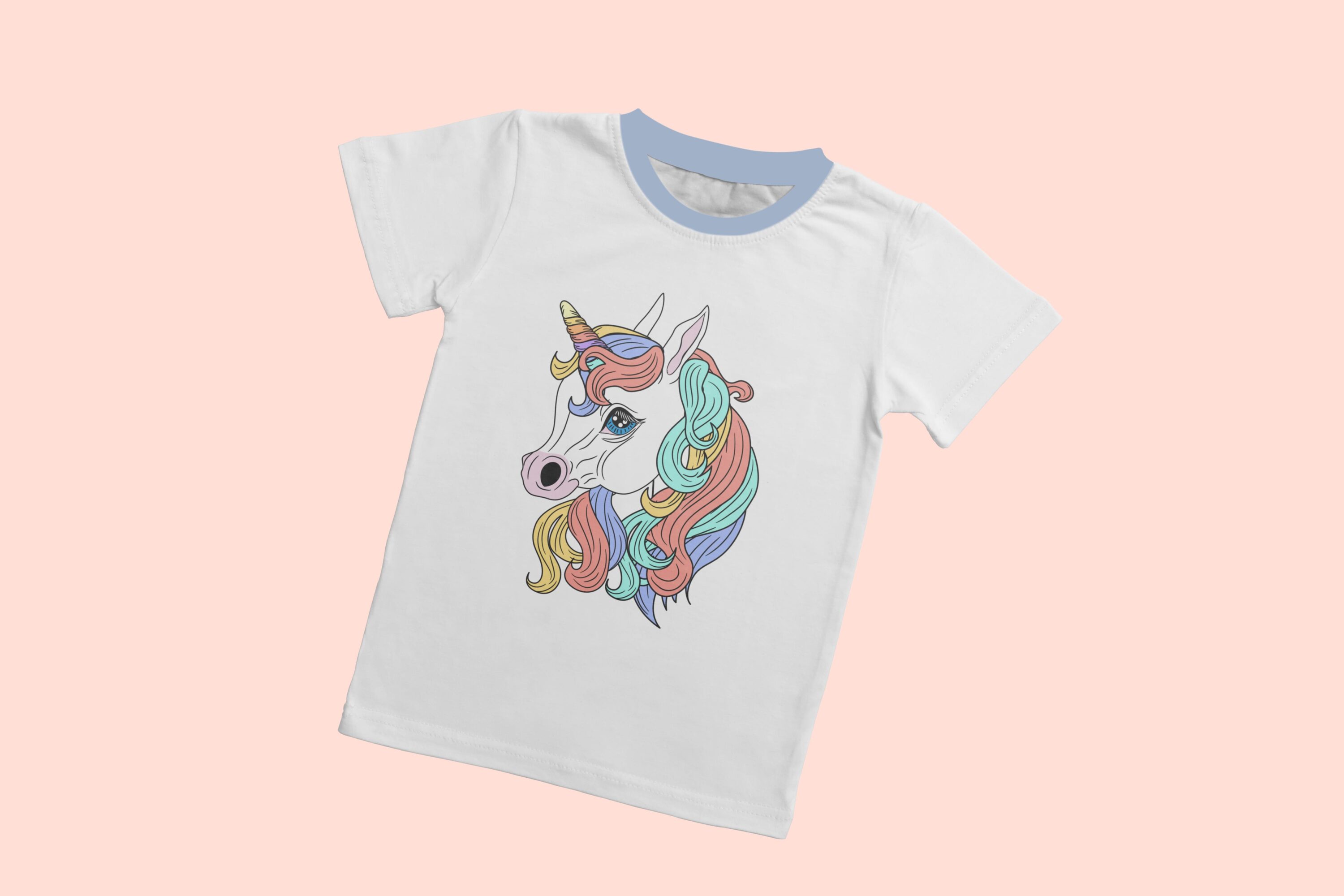 White t-shirt with a blue collar and a colorful unicorn face on a pink background.