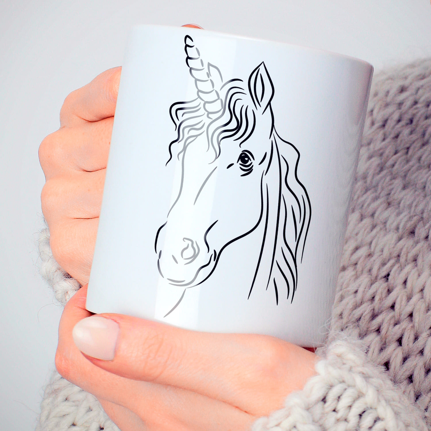 Cup with unicorn print in minimalistic style.