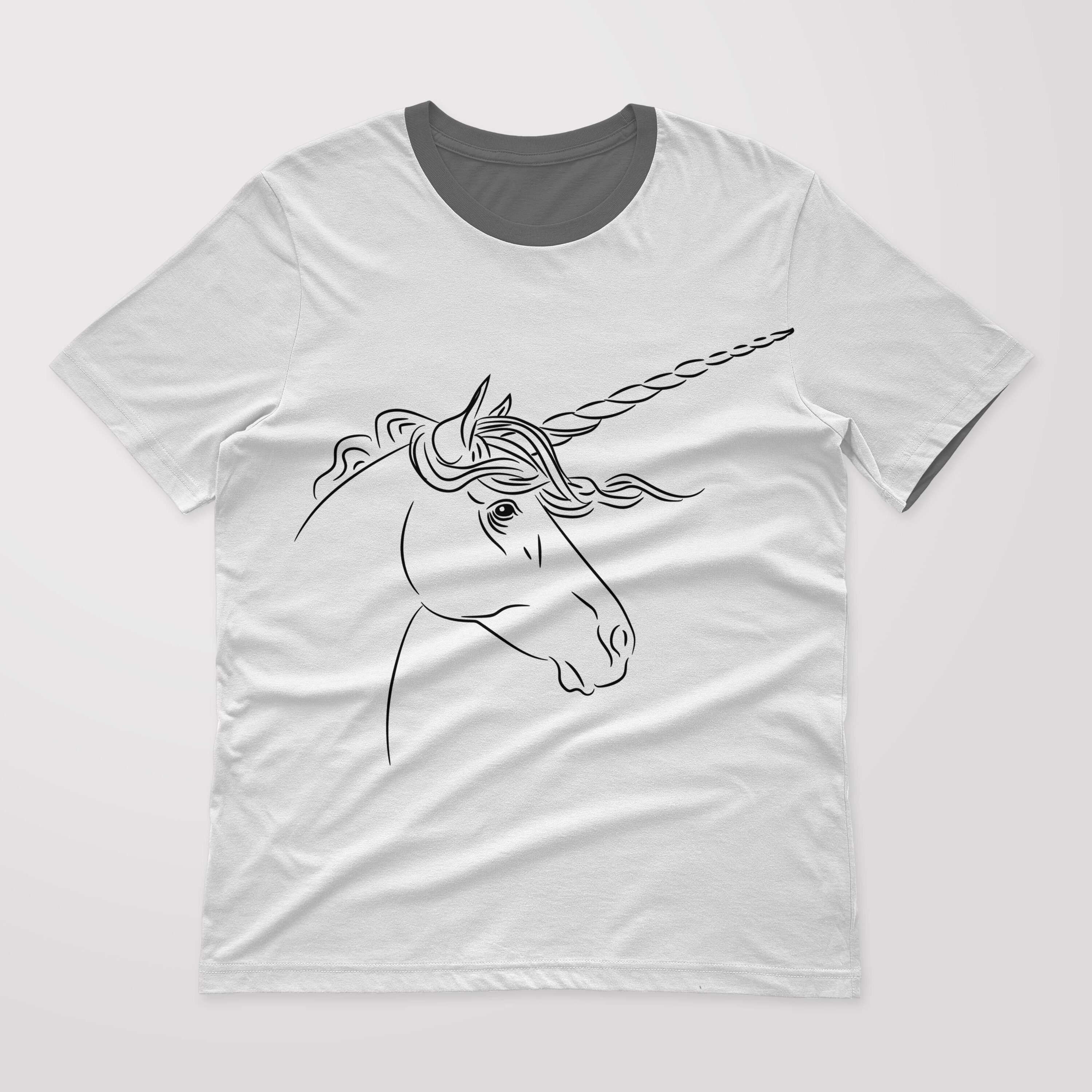 Gray t-shirt with a dark gray collar and a black unicorn head on a gray background.