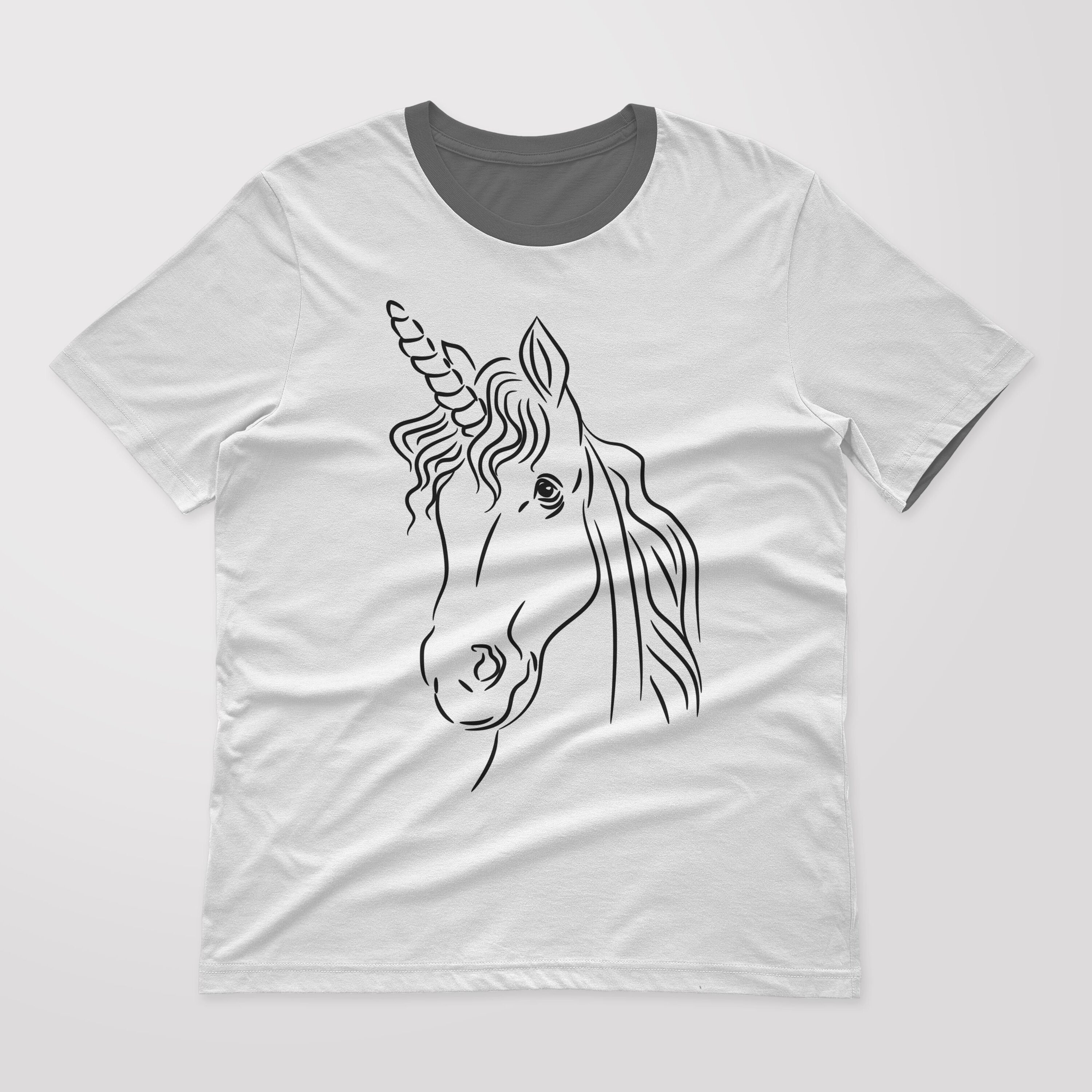 Gray t-shirt with a dark gray collar and a black unicorn head on a gray background.