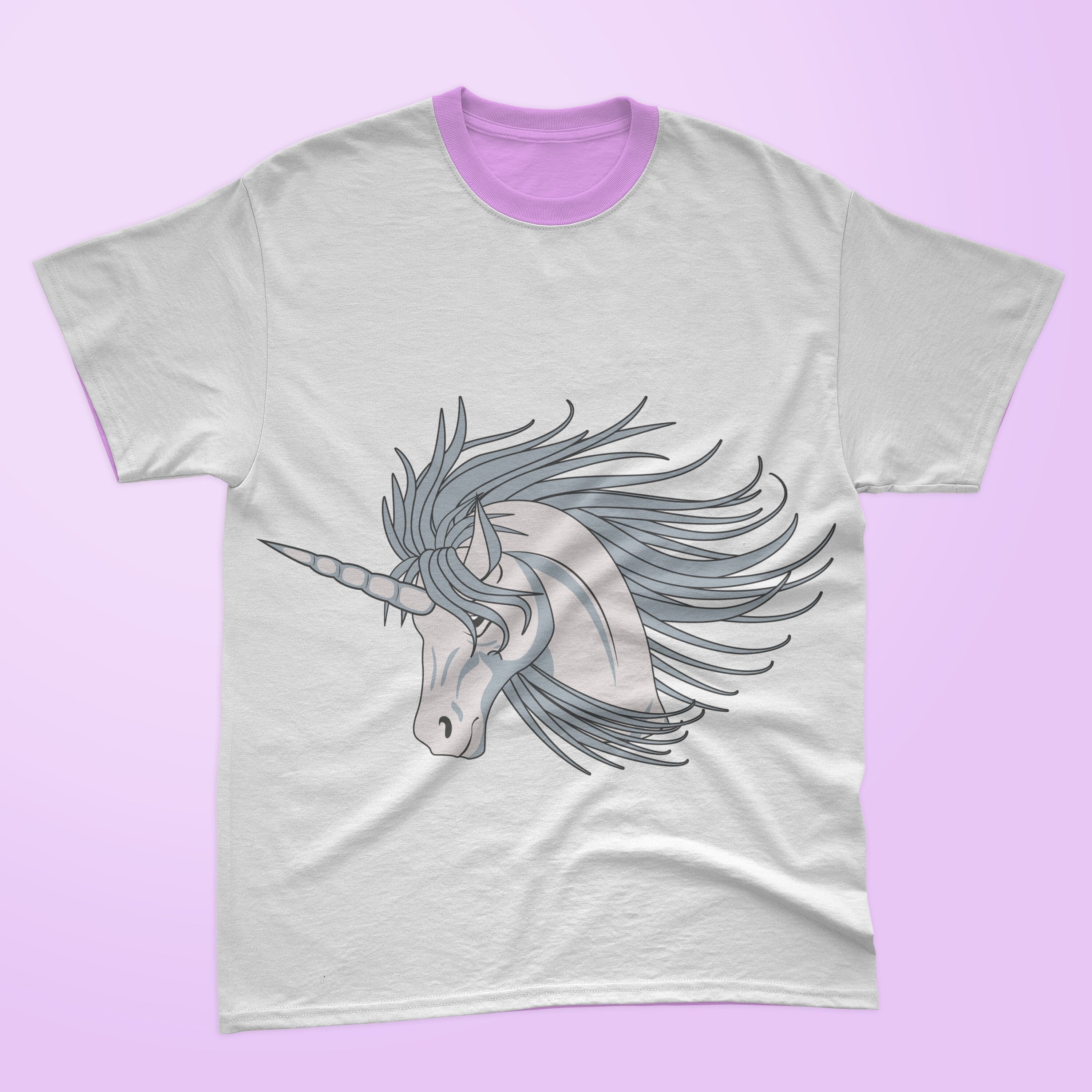 White t-shirt with a lavender collar and unicorn head on a lavender background.