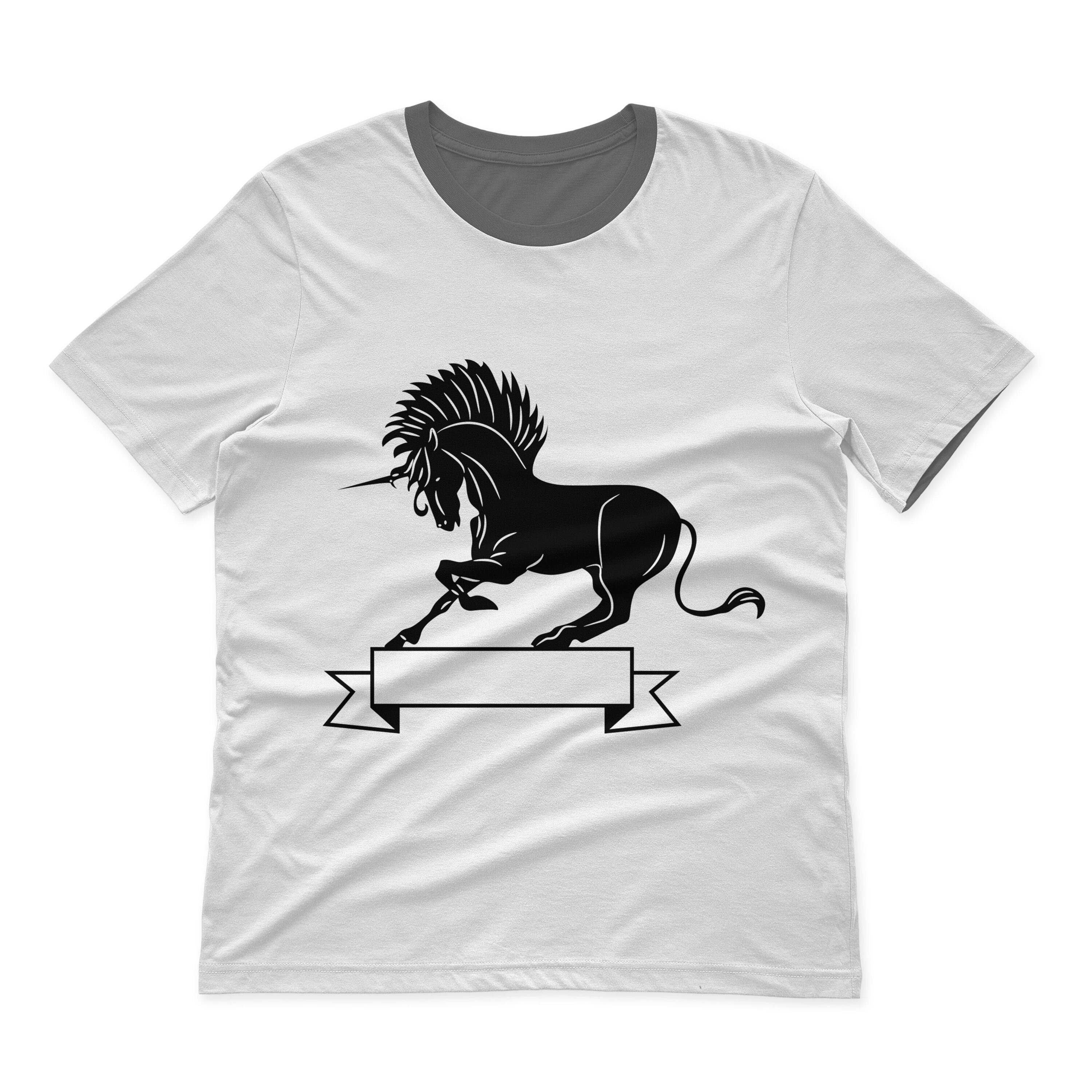 Gray t-shirt with a dark gray collar and a unicorn monogram on a white background.