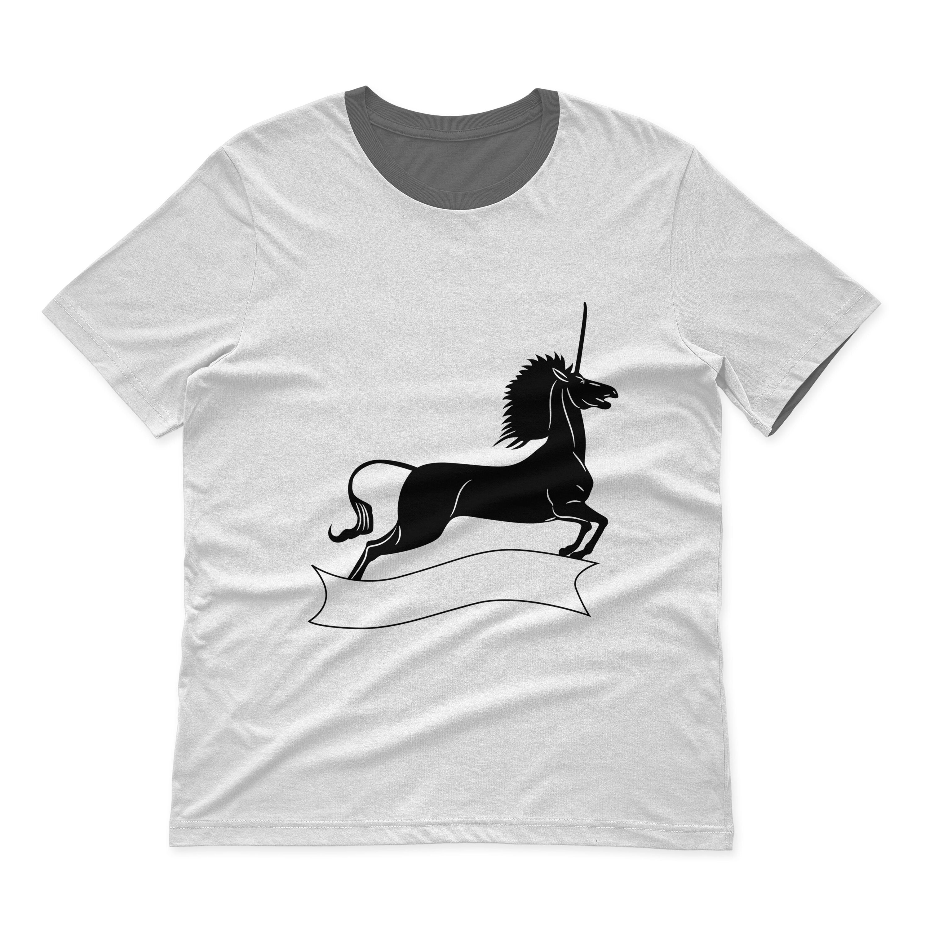 Gray t-shirt with a dark gray collar and a unicorn monogram on a white background.