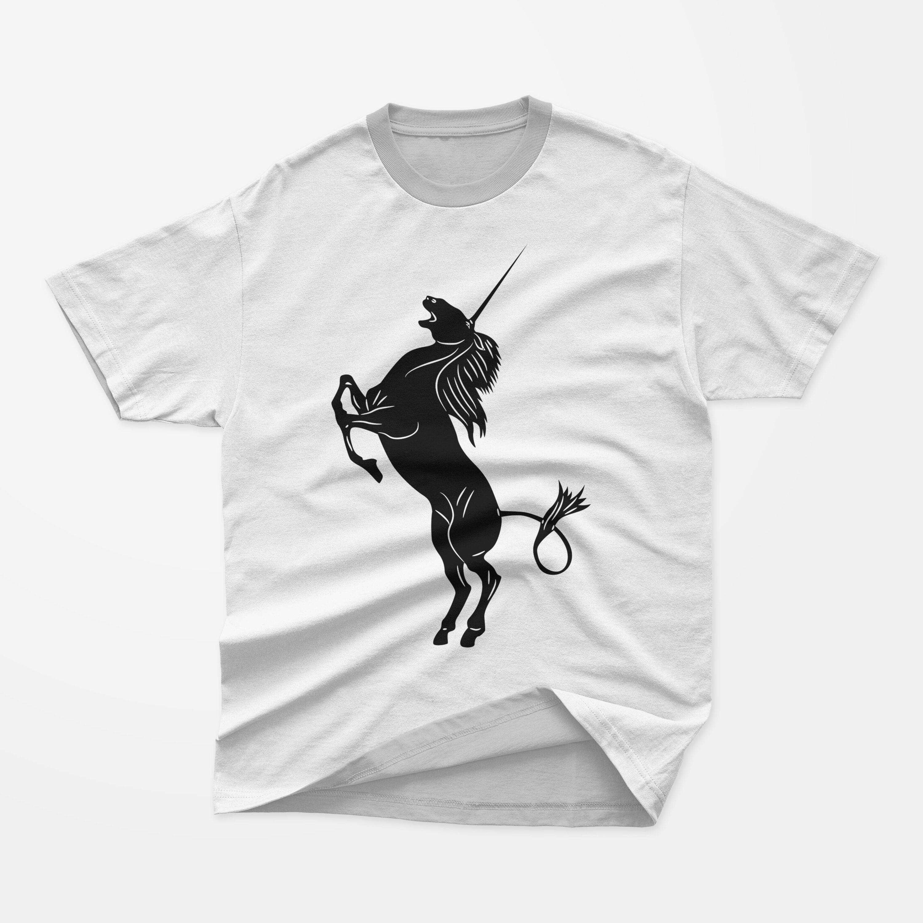 White t-shirt with a gray collar and a black silhouette of a unicorn on a gray background.