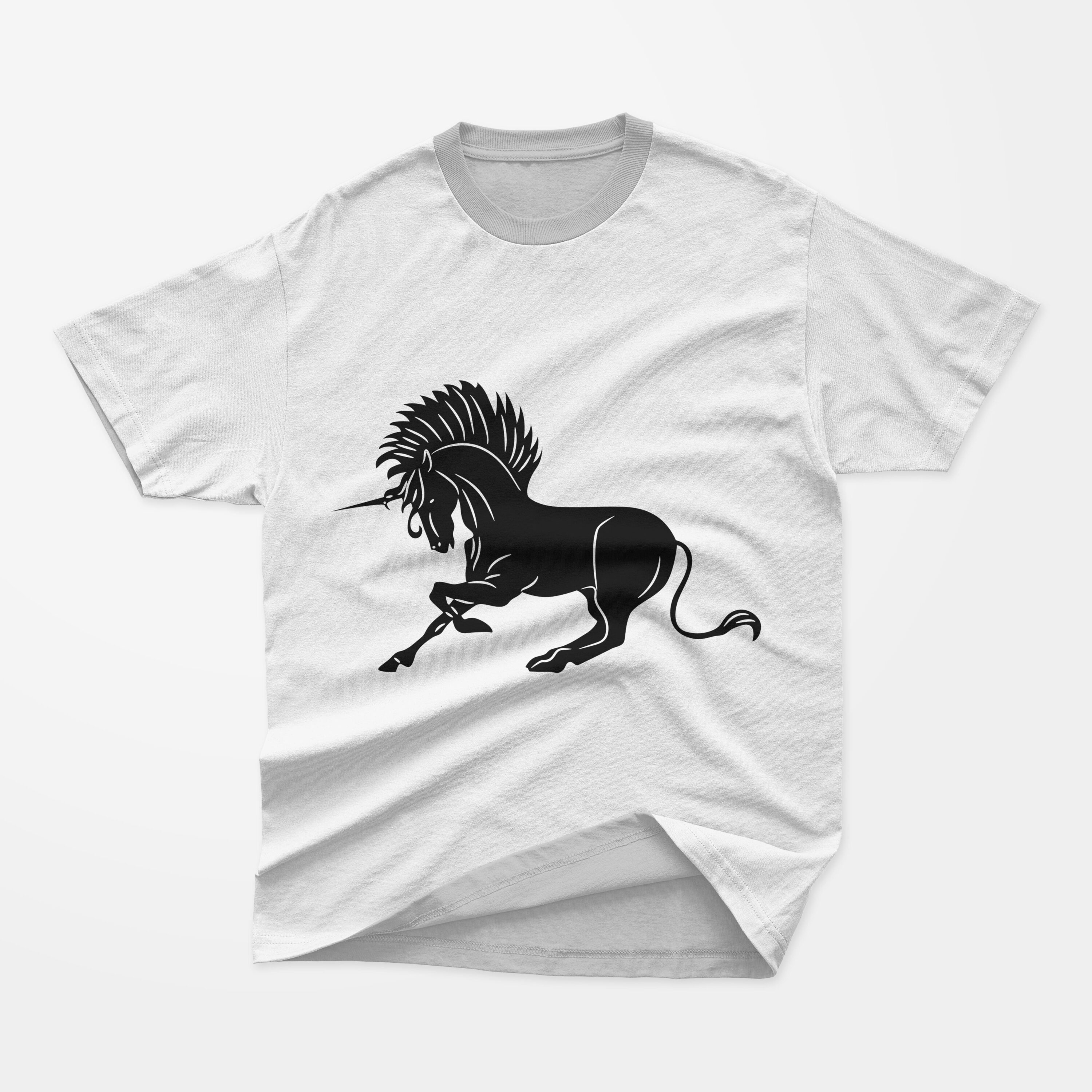 White t-shirt with a gray collar and a black silhouette of a unicorn on a gray background.