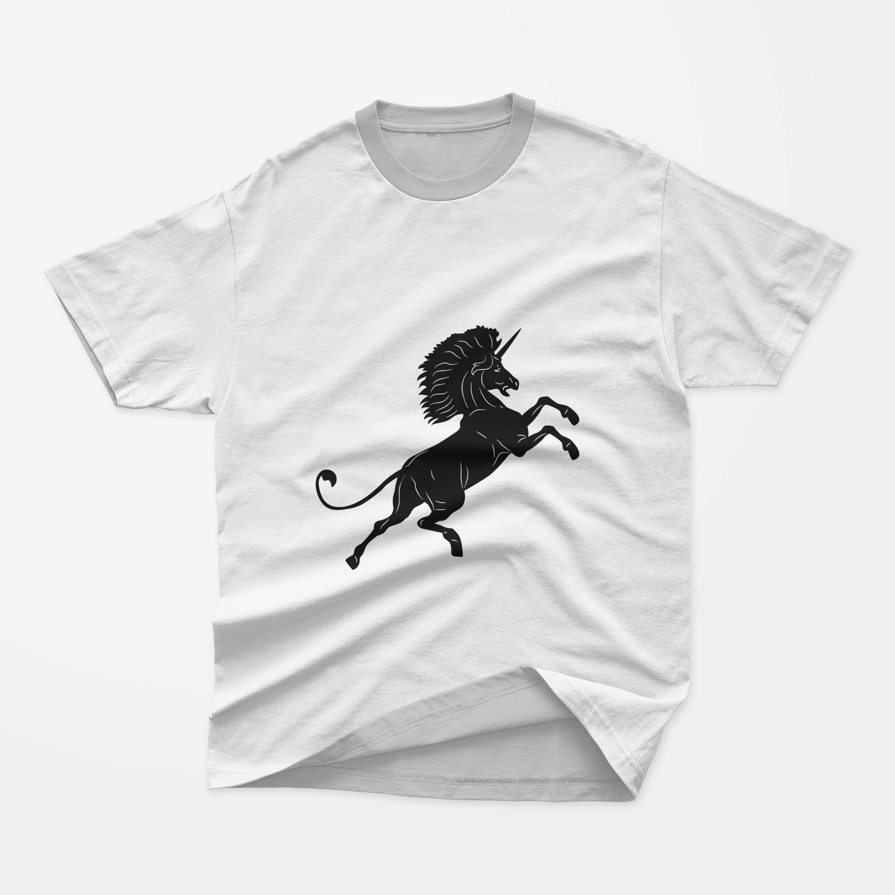 White t-shirt with a gray collar and a black silhouette of a flying unicorn on a gray background.