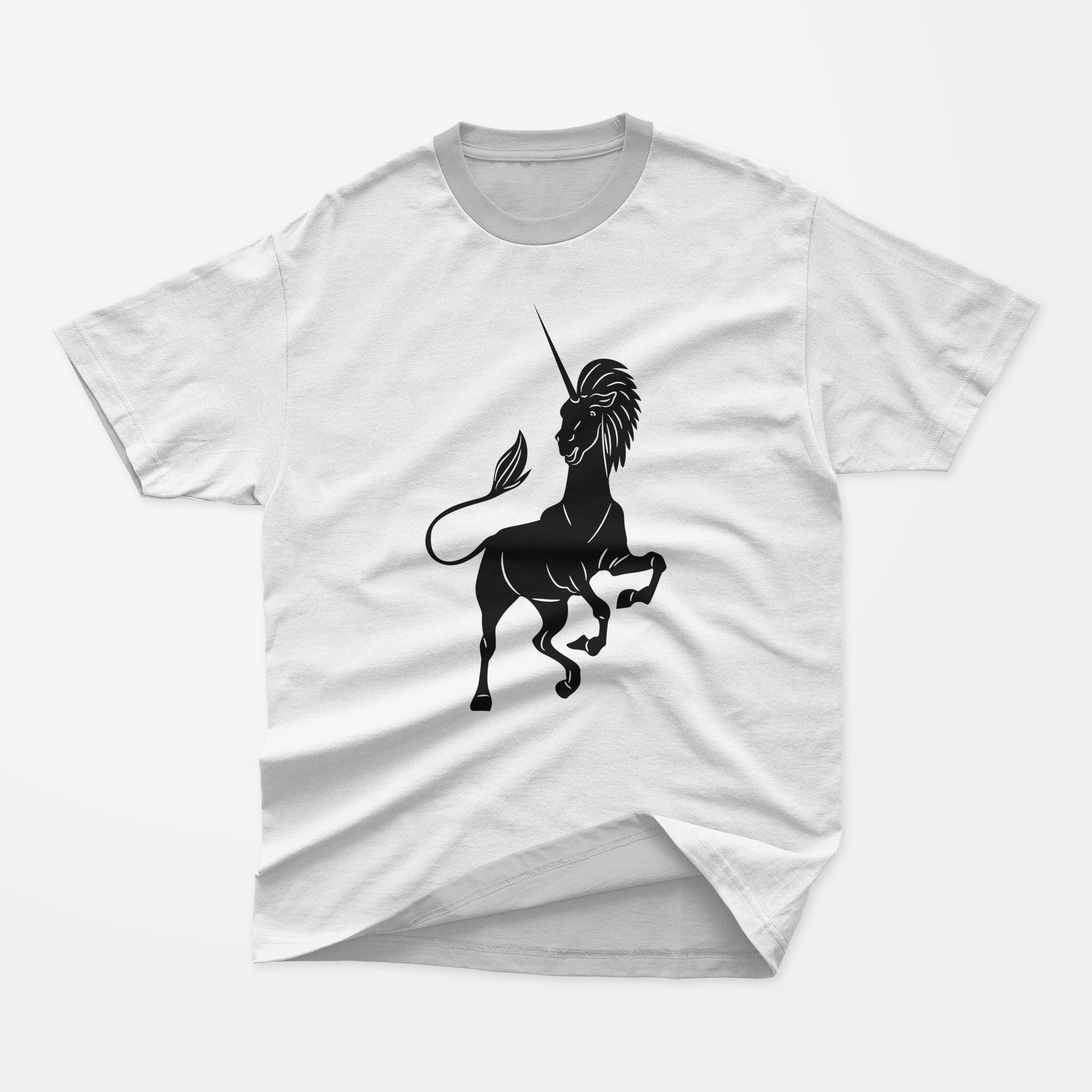 White t-shirt with a gray collar and a black silhouette of a unicorn on a gray background.