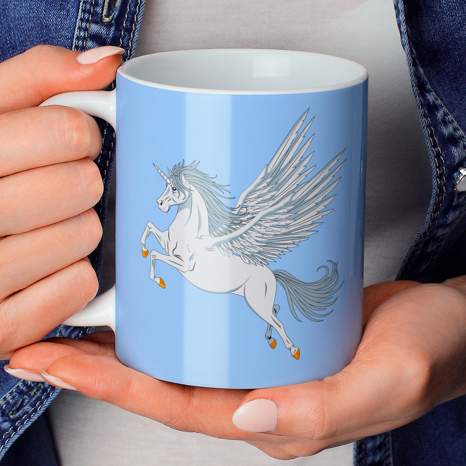 Blue cup with unicorn print.